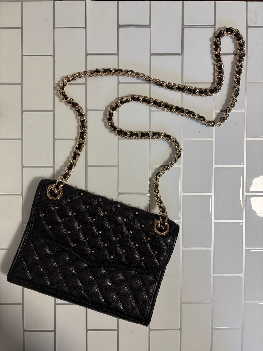 Rebecca Minkoff Black Quilted Leather Studded Crossbody Shoulder Bag Gold Chain